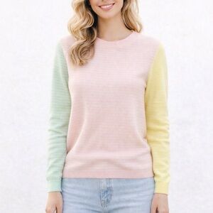 Lands’ End 100% Cashmere Colorblock Sweater XS Pastel Pink Mint Yellow